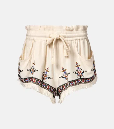 Isabel Marant Étoile Kriss Embroidered Fringed Paperbag Waist Shorts In Neutral