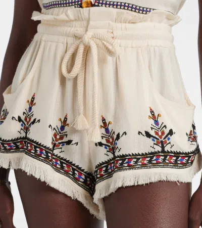 Isabel Marant Étoile Kriss Embroidered Fringed Paperbag Waist Shorts In Neutral