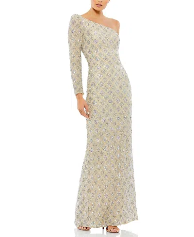 Mac Duggal Embellished One Shoulder Asymmetrical Gown In Shimmering Gold