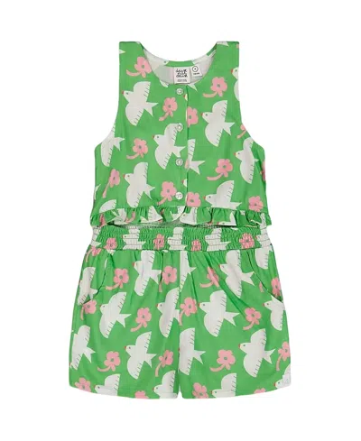 Deux Par Deux Girl's Printed Romper With Frills Green With White And Pink Bird In Green With White And Pink Bird