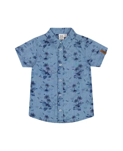 Deux Par Deux Boy's Printed Chambray Short Sleeve Shirt Pale Blue And Navy In Pale Blue And Navy