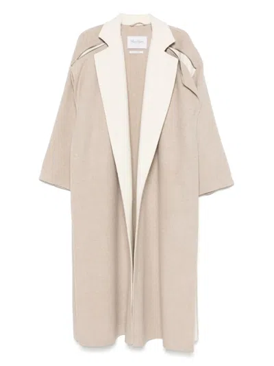 Max Mara Wool Coat With Draped Panel And Contrast Trim In Neutrals