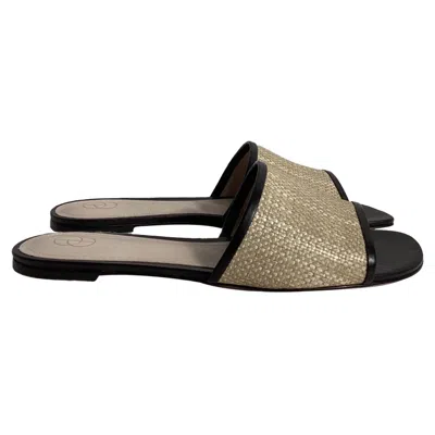 Porte & Paire Leather-trimmed Slides In Black Raffia In Beige