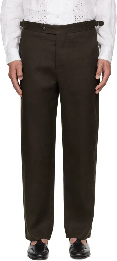 Bode Brown Lightweight Linen Side-buckle Trousers In Brown Black