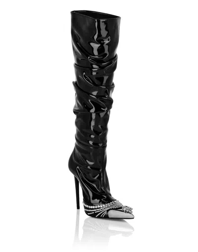 Philipp Plein Crystal-embellished Patent Leather Boots In Black