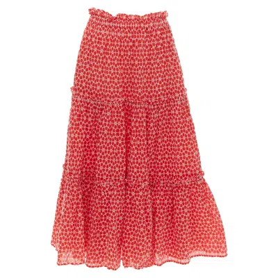 Lisa Marie Fernandez Red Cotton Embroidery Eyelet Ruffle Midi Skirt In Red