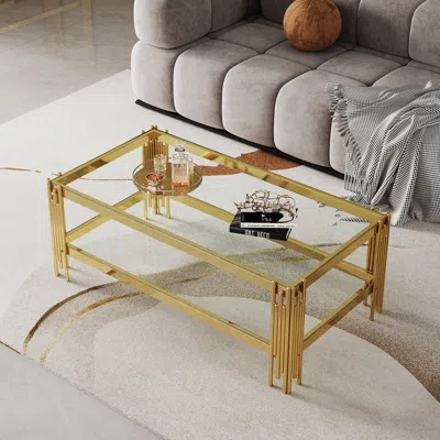 Streamdale Furniture Streamdale Double Layer Glass Coffee Table With Stainless Steel Frame
