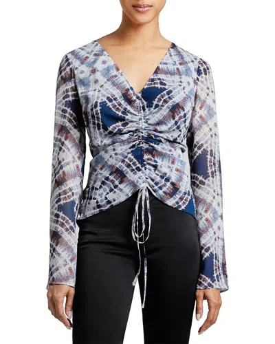 Santorelli Ravela Ruched Abstract-print Blouse In Grey