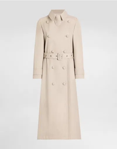 Dolce & Gabbana Cotton Blend Drill Long Trench Coat In Beige