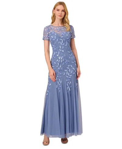 Adrianna Papell Beaded Mesh Illusion Gown In Blue