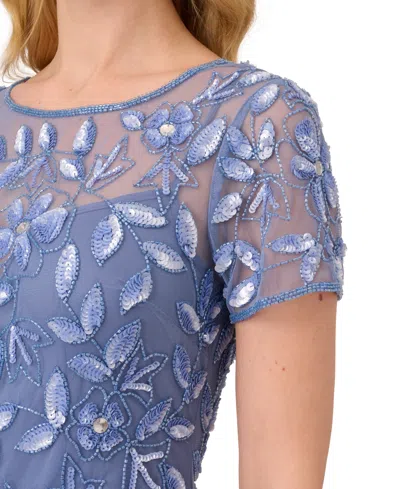 Adrianna Papell Beaded Mesh Illusion Gown In Blue