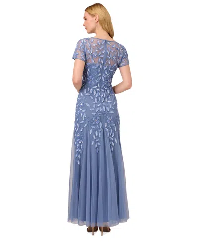 Adrianna Papell Beaded Mesh Illusion Gown In Blue