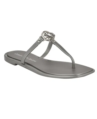 Calvin Klein Women's Edhen Logo T-strap Flat Jelly Sandals In Silver