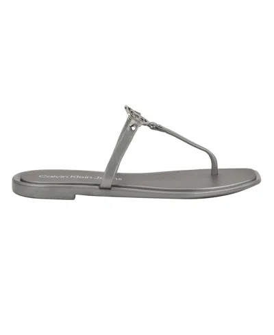 Calvin Klein Women's Edhen Logo T-strap Flat Jelly Sandals In Silver