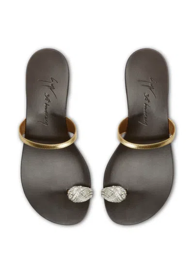 Giuseppe Zanotti Crystal Jewel Thin Strap Leather Sandals In Gold