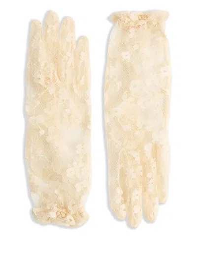 Valentino Garavani Vlogo Signature Butter-coloured Lace Gloves In Neutral