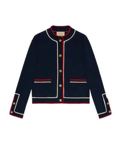 Gucci Embroidered-trim Cardigan In Blue