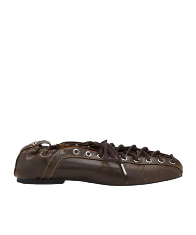 Ganni Khaki Oleatex Lace-up Ballerina Flats In Black