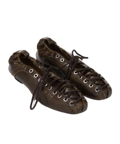 Ganni Khaki Oleatex Lace-up Ballerina Flats In Black