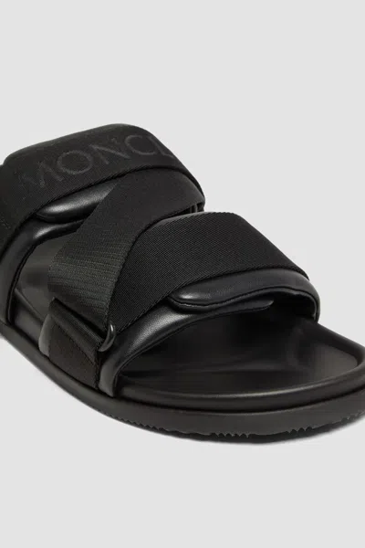 Moncler Black Leather And Fabric Sandals In Animal Print