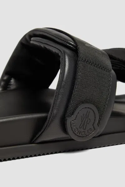 Moncler Black Leather And Fabric Sandals In Animal Print