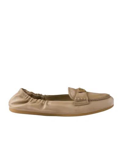 Prada Triangle Logo Suede Loafers In Beige O Tan
