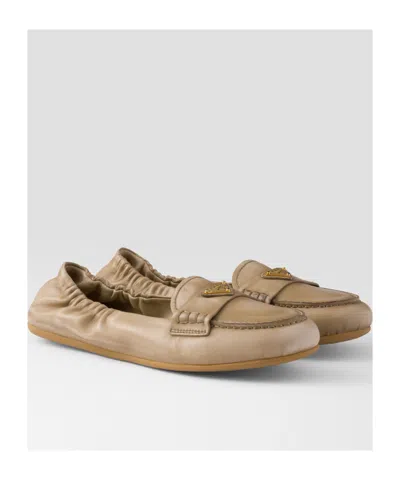 Prada Triangle Logo Suede Loafers In Beige O Tan