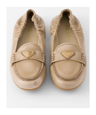 Prada Triangle Logo Suede Loafers In Beige O Tan