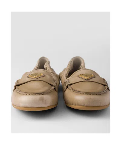 Prada Triangle Logo Suede Loafers In Beige O Tan