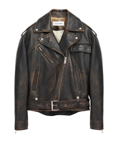Alexander Mcqueen Leather Biker Jacket In Brown