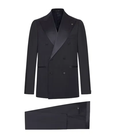 Tagliatore Double Breasted Wool Suit With Silk Inserts In Black