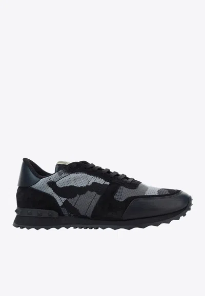 Valentino Garavani Mans Rockrunner Camouflage Noir Leather And Fabric Sneakers In Black
