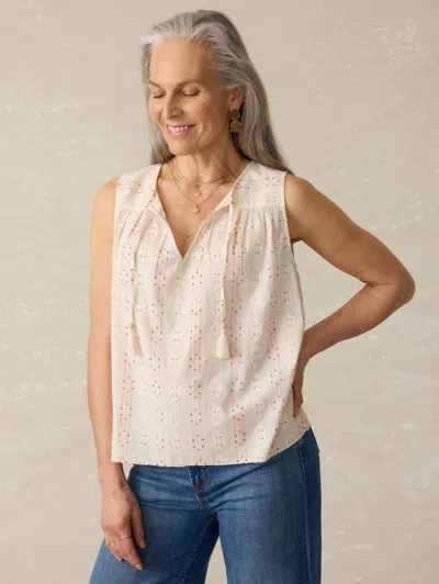 Faherty Skylar Beaded Tie Neck Dobby Top In Neutral