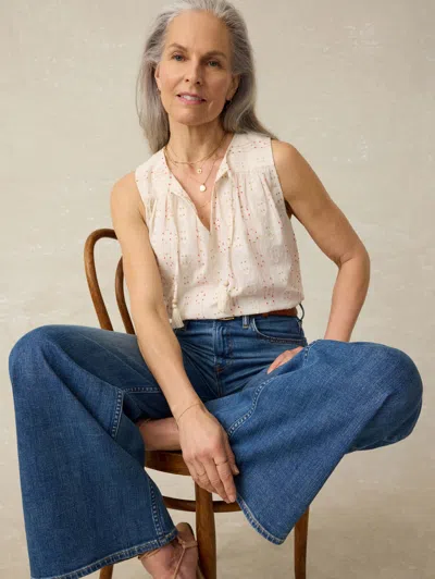 Faherty Skylar Beaded Tie Neck Dobby Top In Neutral