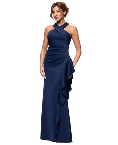 Xscape Petite Ruffled Halter Gown In Midnight