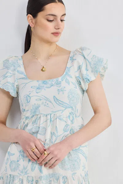Reistor Puff Sleeve Tiered Maxi Dress In Blue Florals In Floral Melody