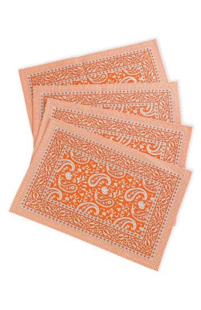 Tiramisu Set Of 4 Tangerine Twirl Block Print Placemats In Orange