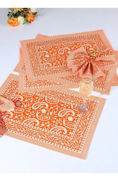 Tiramisu Set Of 4 Tangerine Twirl Block Print Placemats In Orange