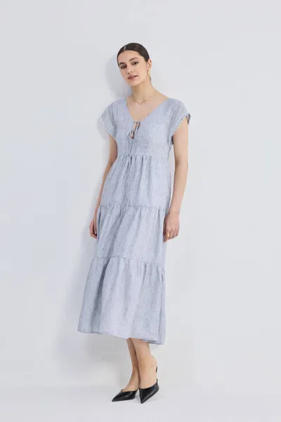 Reistor Gathered Tiered Dress With Front-ties In Pin Striped Linen