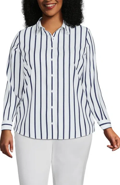 Lands' End Plus Size No Iron Button Front Shirt In White/navy Classic Stripe