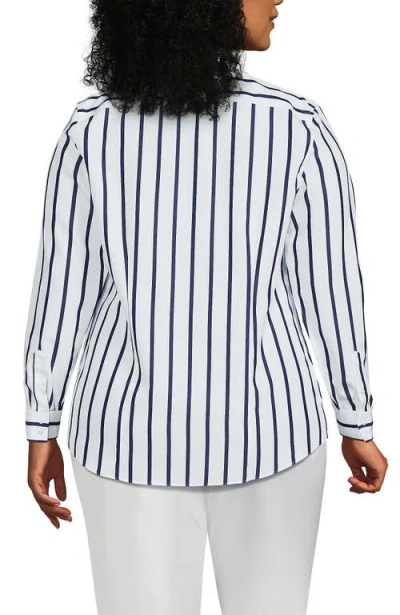 Lands' End Plus Size No Iron Button Front Shirt In White/navy Classic Stripe
