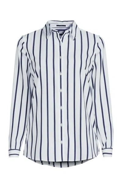 Lands' End Plus Size No Iron Button Front Shirt In White/navy Classic Stripe