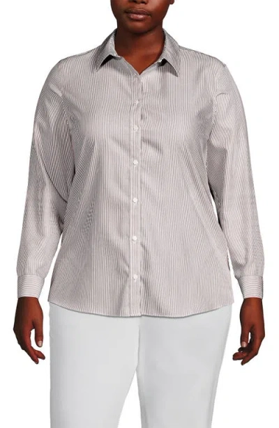 Lands' End Plus Size No Iron Button Front Shirt In Dark Jute Brown Mini Stripe