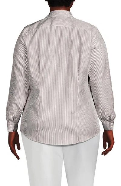 Lands' End Plus Size No Iron Button Front Shirt In Dark Jute Brown Mini Stripe