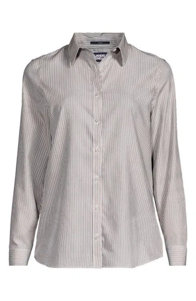 Lands' End Plus Size No Iron Button Front Shirt In Dark Jute Brown Mini Stripe