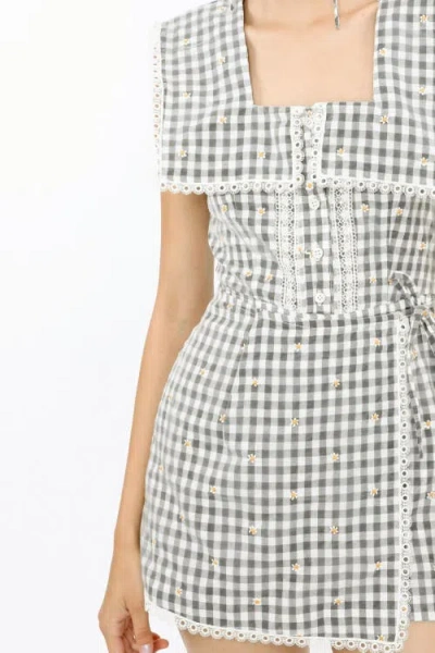 Anna Sui Daisy Embroidery On Gingham Romper In Black Multi