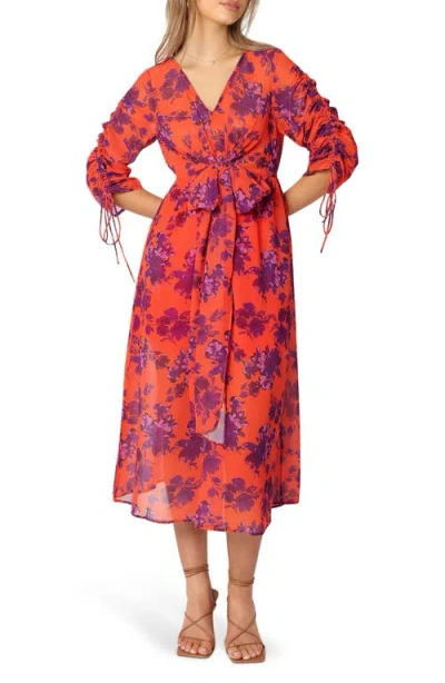 Petal And Pup Petal & Pup Hallie Floral Ruched Midi Dress In Orange