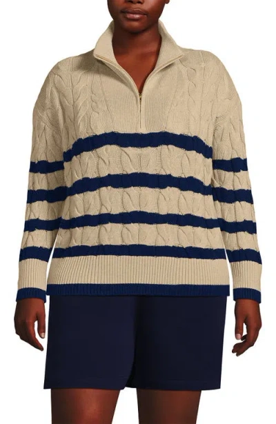 Lands' End Plus Size Drifter Cable Quarter Zip Sweater In Champagne/deep Sea Gulf Stripe