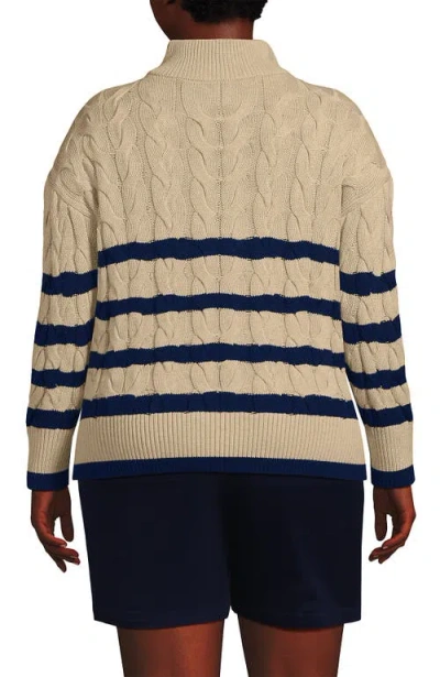 Lands' End Plus Size Drifter Cable Quarter Zip Sweater In Champagne/deep Sea Gulf Stripe
