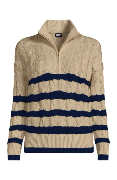 Lands' End Plus Size Drifter Cable Quarter Zip Sweater In Champagne/deep Sea Gulf Stripe